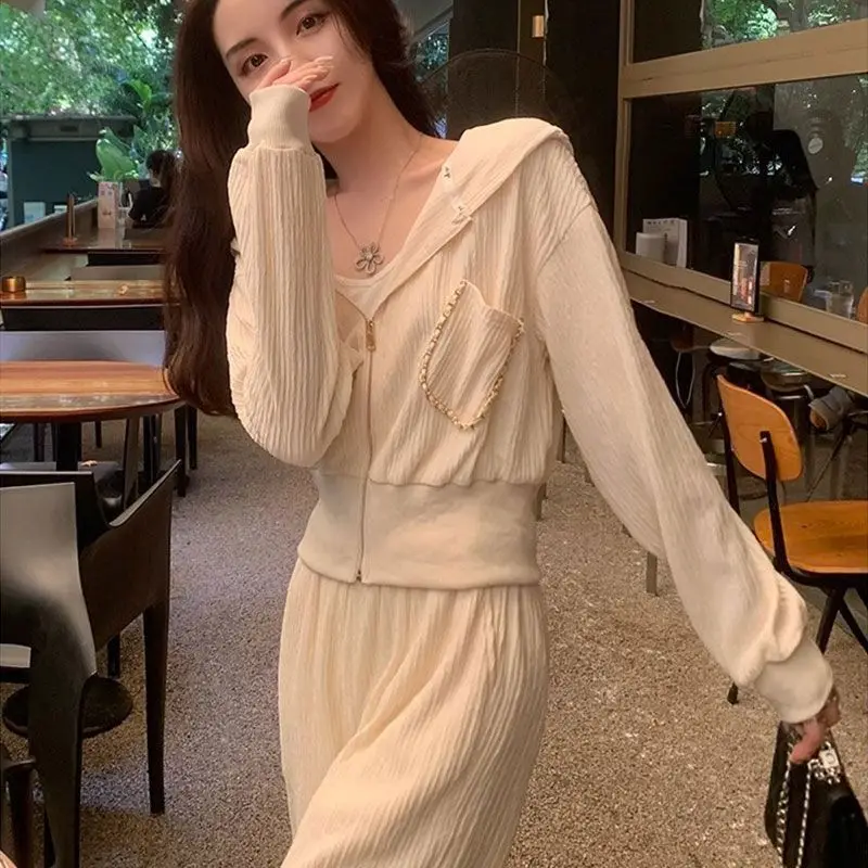 

2026 New Advanced Salt Series Hoodie Wide Leg Pants Fashionable Casual Sportswear Two-Piece Set High Waist Long Sleeve Zipper