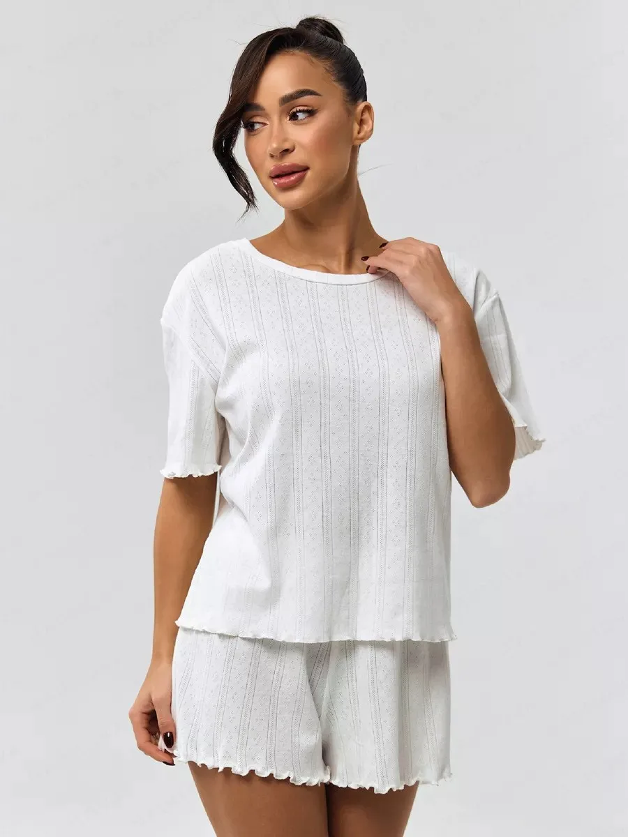 Women Pajamas Set European and American Pajamas Women's Summer Cotton Comfortable Curled Five-Sleeve Shorts Loungewear Set image 4