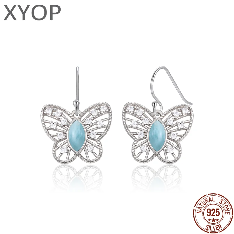 

925 Sterling Silver Jewelry for Women, Larimar Earring, Natural Precious, Retro Charm, Rhodium Plated, Animal Butterfly, New