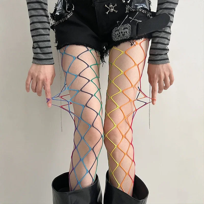 Ausgehöhlte Bunte Damen-Netzstrümpfe Dünne Y2K Subkultur Regenbogen-Lochmuster Mädchen Netzstrumpfhosen JK Goth Street Club Strümpfe – Detail 4