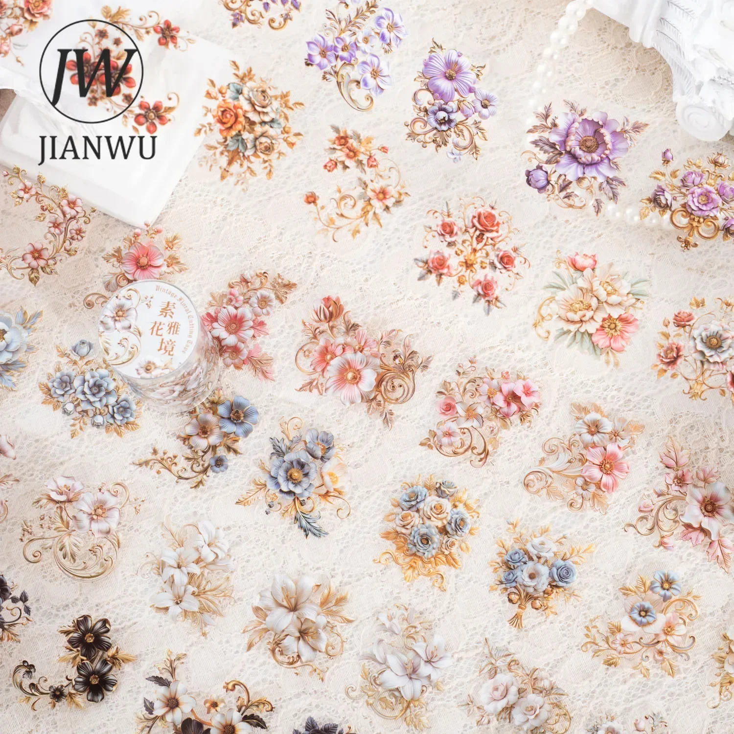 JIANWU 50mm*200cm Baroque Floral Arrangement Series Vintage Flower Material Collage PET Tape Creative Journal Stationery