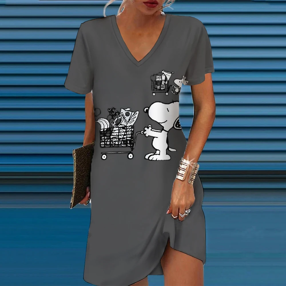 Snoopy cartoon print Pure Pink Print Sexy V-Neck Short Sleeve Dress 2024 Summer New Casual Versatile Sexy Long Dress Women