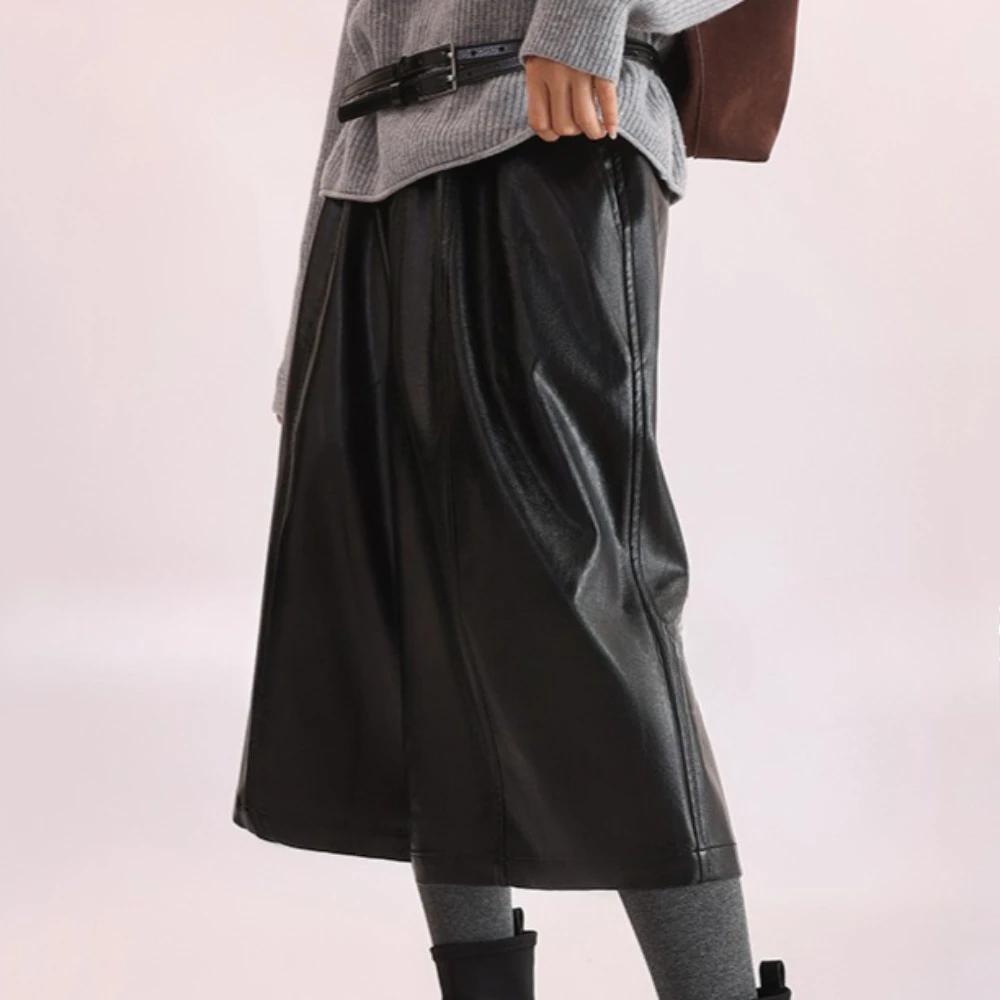 TWOTWINSTYLE ソリッドスプライス ポケットレザーパンツ 女性用 ハイウエスト ルーズ ストリートウェア ヴィンテージ レディースパンツ 秋の新作ファッション