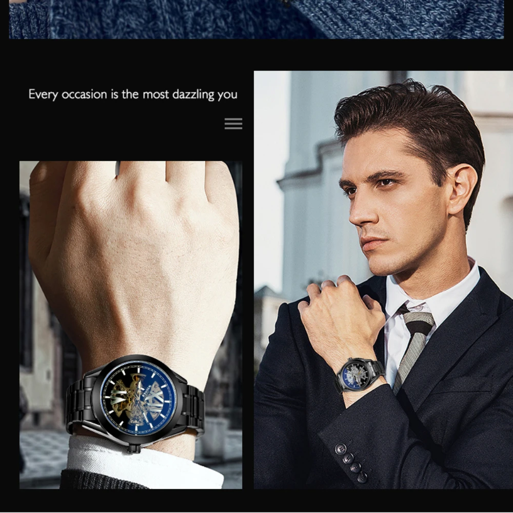 Luxury Brand New Automatic Watches Men\'s Fashion Blue Mirror Case Watch Stainless Steel Strap Black Wristwatch Reloj Hombre