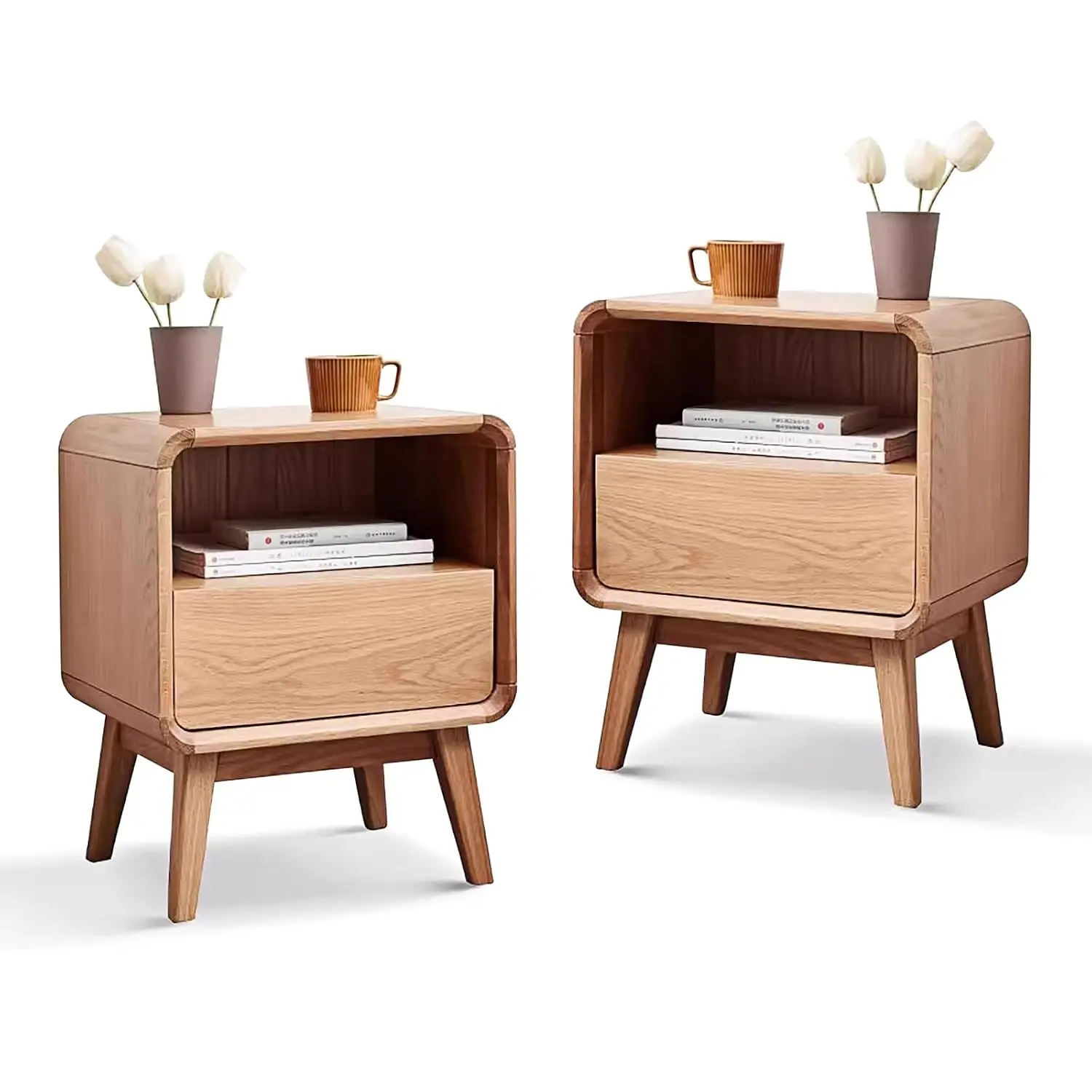 100% Solid Wood Nightstand Set of 2, Small Night Stand with Drawer and Open Shelf, Natural Wood Nightstand, Mid, Customized