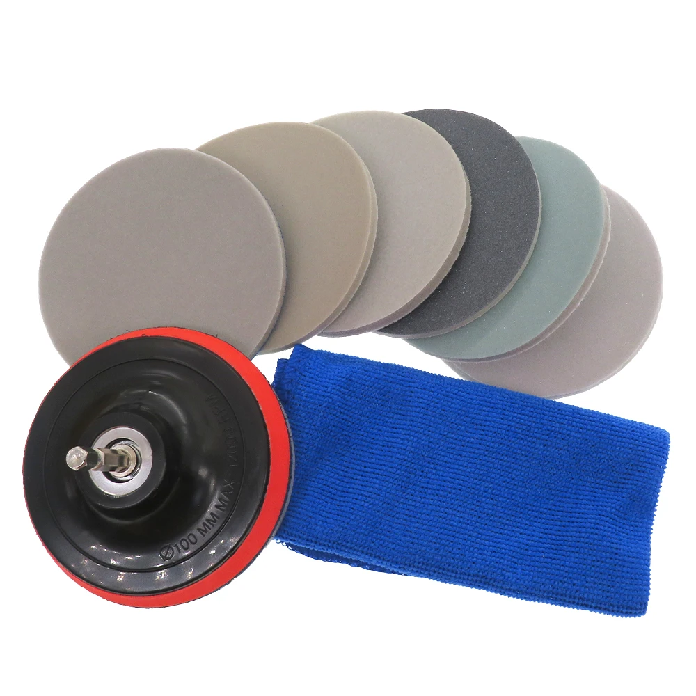 4 Inch Round Sponge Sanding Disc Sandpaper with Backing Pad and Car Washing Towel Hook and Loop 300-3000 Grits for Polishing