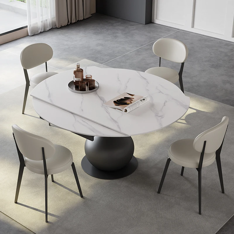

&c Italian Luxury Dining Table Modern White Rock Plate Retractable Rotatable for Small Large Apartments Minimalist Light for