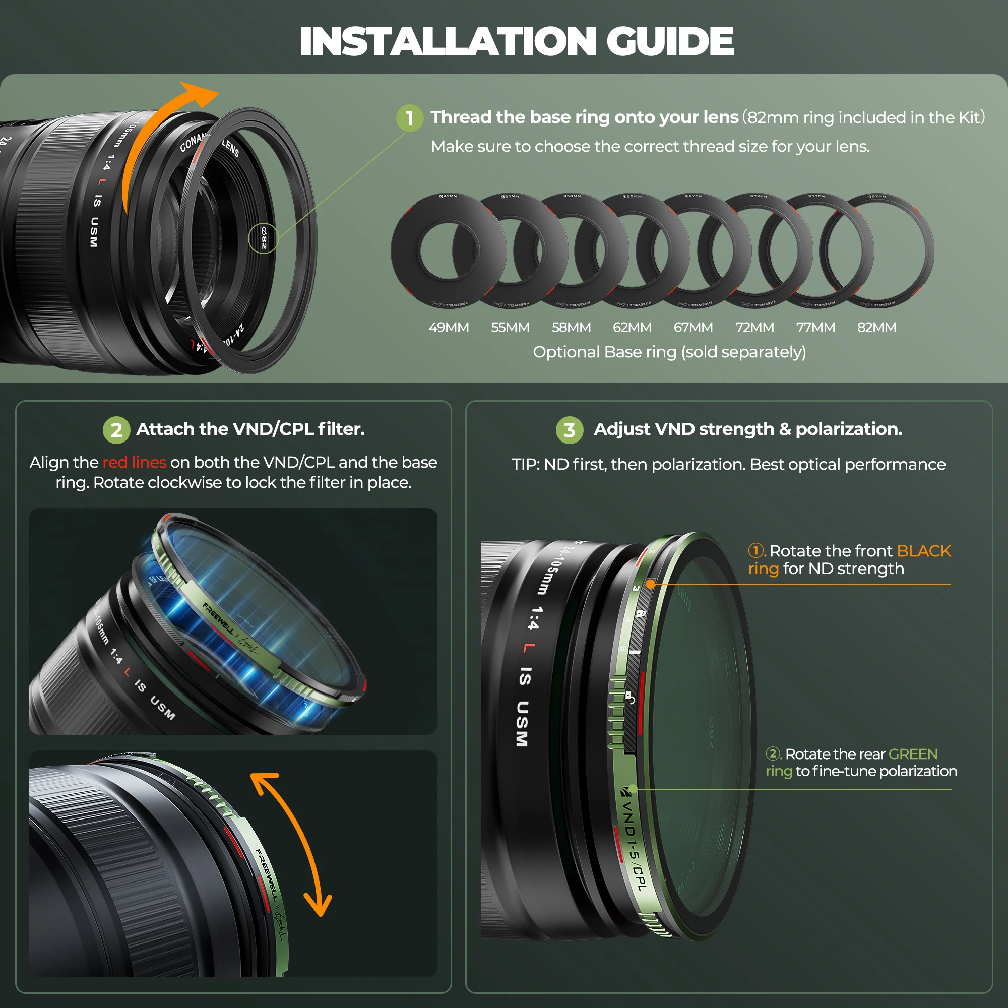 Zestaw filtrów Freewell X Brandon Li VND/CPL Basic & Pro, pierścień bazowy, adapter do obiektywów o średnicy od 49 do 95 mm, akcesoria fotograficzne. — zdjęcie produktu 6