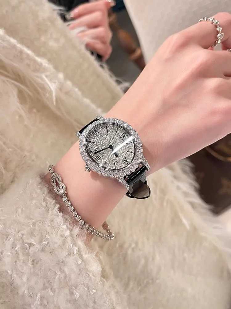 Fashion Women Shiny Diamonds Studded Quartz Watch Genuine Leather Strap Pin Buckle Office Ladies Work Watches Luxury Wristwatch