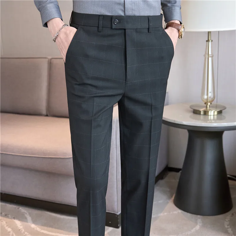 Men Grid Suit Pants 2024 Autumn Solid Casual Straight Formal Dress Trousers Slim Fit Pantalon Homme Wedding Party Men Clothing