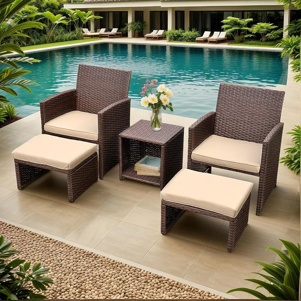 

5 Piece Wicker Outdoor Sofa Set, All-Weather Wicker Patio Furniture Set, Rattan Patio Conversation Set with Ottoman Set