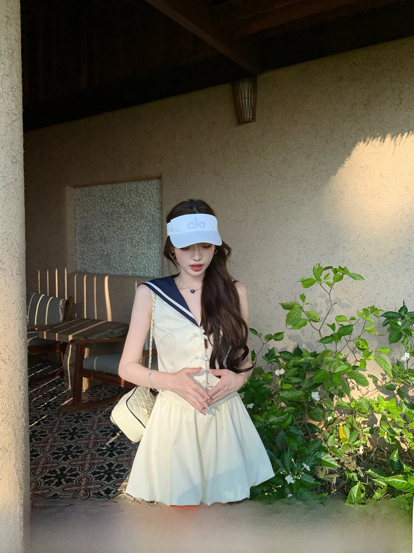 

Комплект ThePeachOfficial Island Sweetheart: цветная блузка с темно-синим воротником и юбка А-силуэта, женский модный летний наряд