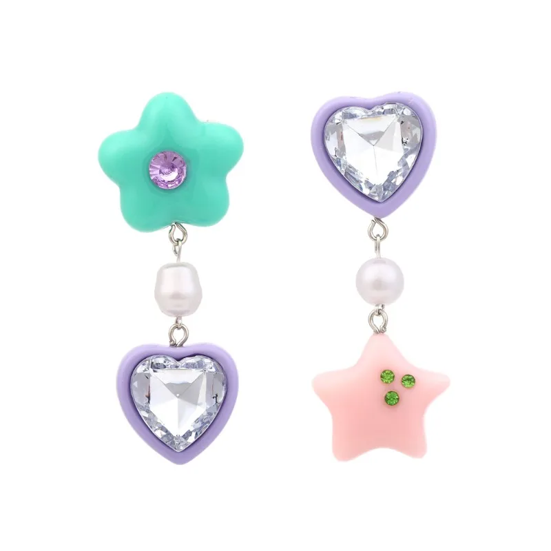 

[Sweet and girly style] Asymmetrical star flower earrings, featuring candy-colored resin, rhinestones, and a pearl pendant