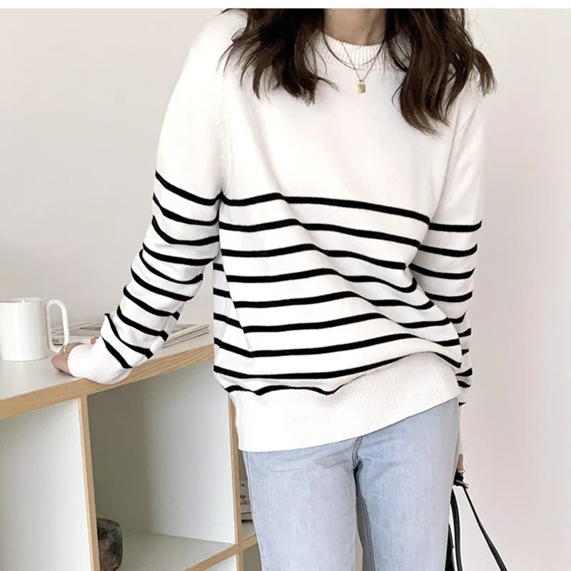 Autumn Striped Knitted Loose Large Size Sweater Wool Women Pullover Tops Long Sleeve Casual Cashmere Streetwear Female Spring