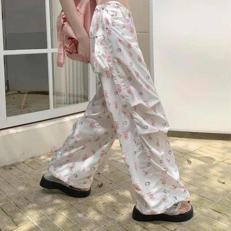 Pantalon Sanrio Hello Kitty pantalon Cargo blanc printemps et automne Style étudiant collège Style pantalon sport pantalon de nettoyage de sol