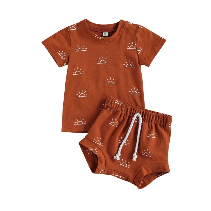 

2Pcs Summer Boys Girls Clothing Sets Cotton Sun Printed Short Sleeve T-shirt Shorts Tracksuit Outfits Baby Casual Suits