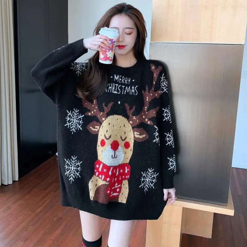 Red Christmas Deer Knitted Sweater Women Autumn Winter New Design Loose Lazy Style Niche Long-Sleeved Bottoming Shirt