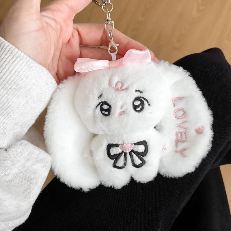 

Прекрасный розовый, черный бант, белый кролик, плюшевая подвеска в виде животного, кукла, кавайная игрушка с вышивкой, мягкий милый подарок для девочек и детей