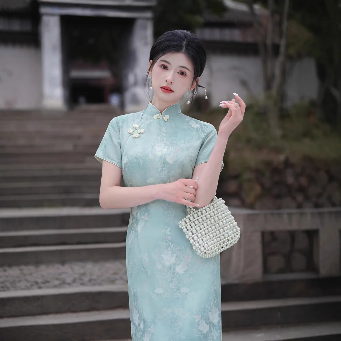 Women's Floral Print Qipao Cheongsam Dress Short Sleeve Chinese Traditional Midi Dress Elegant Wedding Guest Party Dress