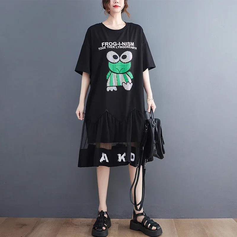 Summer New Loose Casual Printed Fashionable Splicing Mesh Black Personalized Midi Shirt Dress