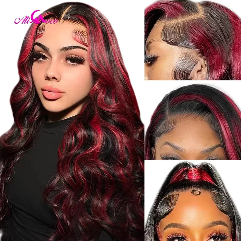 

Burgundy Highlight Lace Frontal Wigs Human Hair 13x4 Lace Front Wig Pre Plucked Red Highlights With Black Body Wave 180 Density