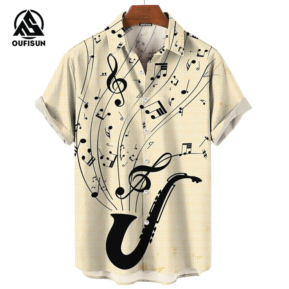 Music Note Print Summer Men\'s Short Sleeve Shirt Tops Street Fashion Men\'s Shirt Oversized Tops Size S-5XL