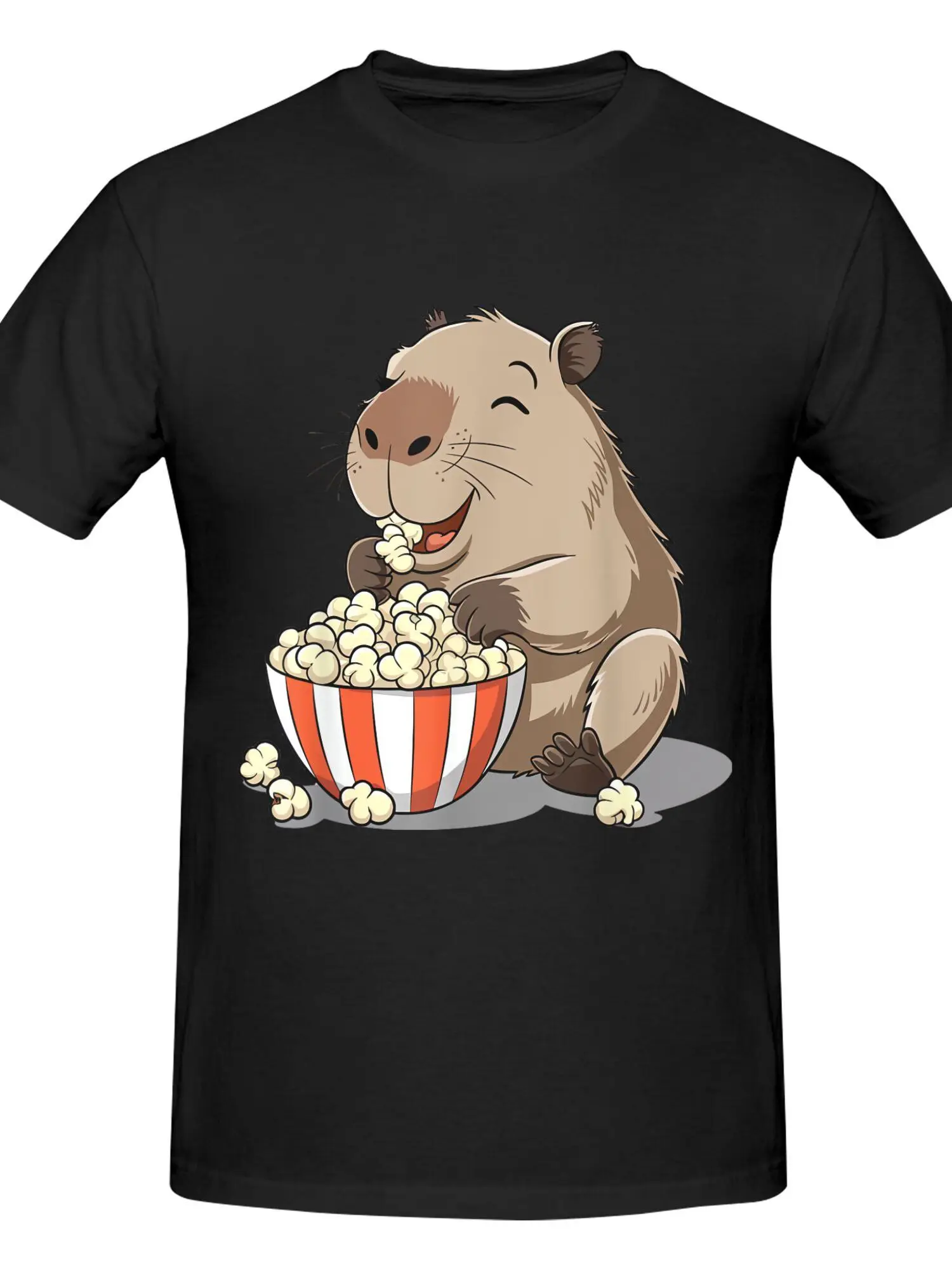 

Cute Capybara Eating Popcorn Graphic T-Shirt Funny Animal Lover Crewneck Tee Soft Cotton Casual Top