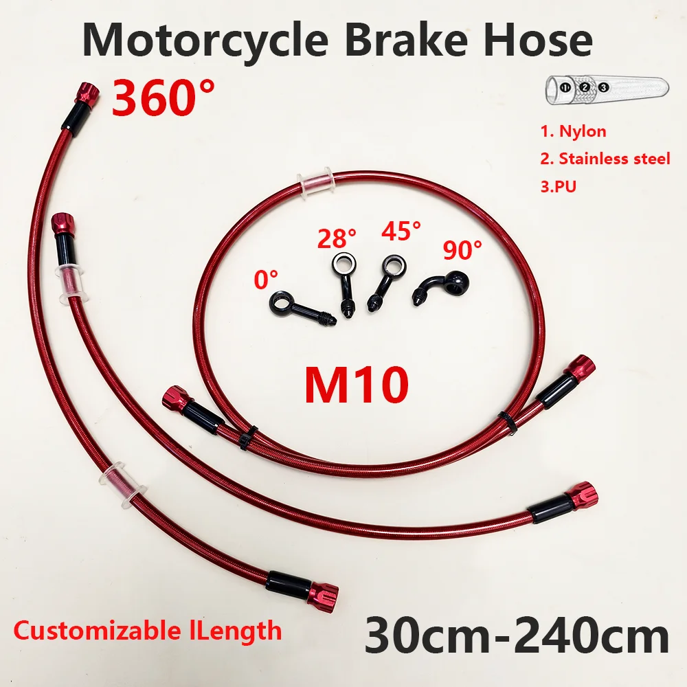 0° 28° 45° 90°Stainless Steel Braided Motorcycle Red Brake Hose Line Oil Pipe Clutch Tube with 360 Degree Rotatable Banjo