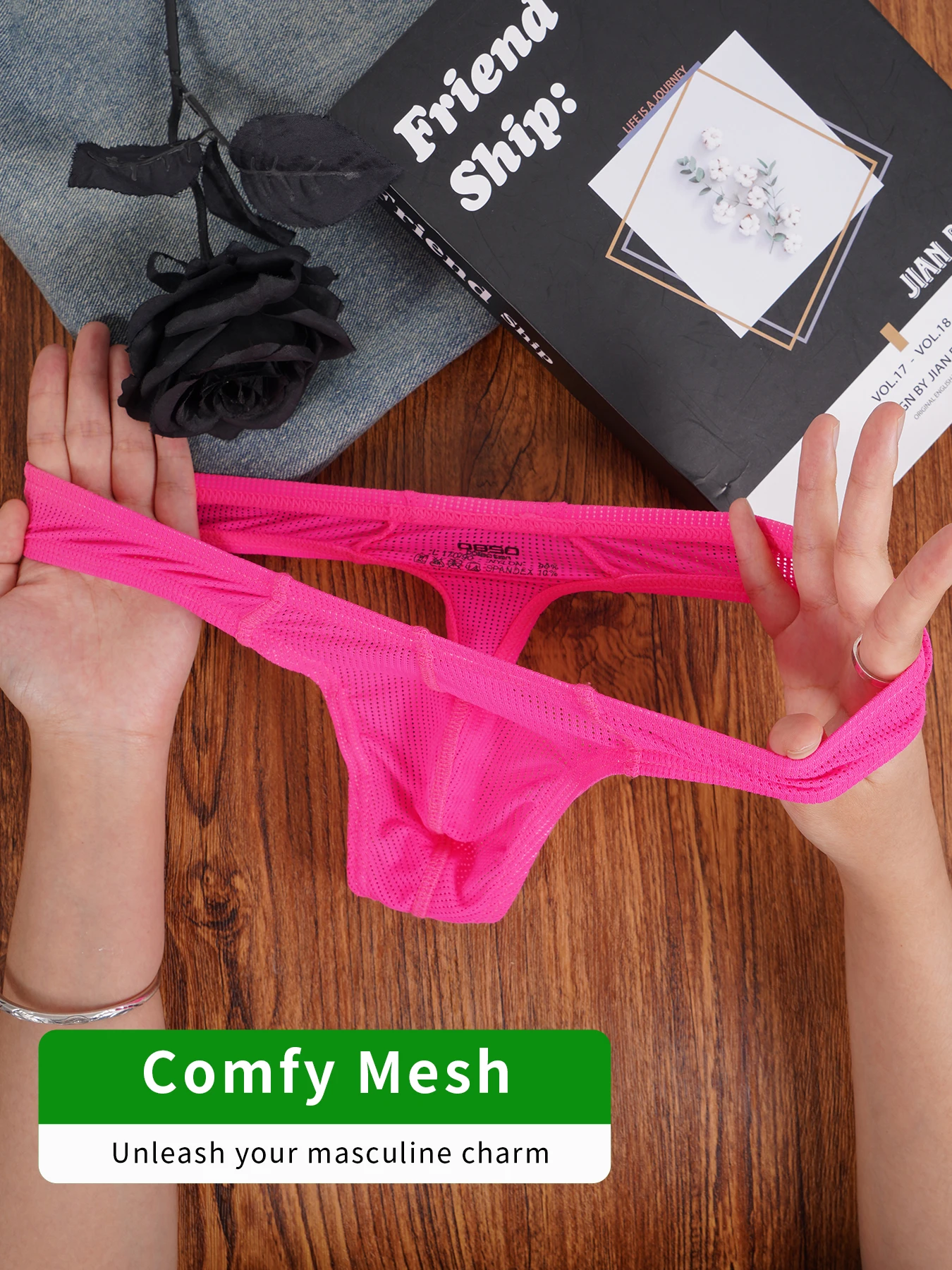 Men's High-Elastic Nylon Blend Body Shaping Convex Pouch Thong, Low Rise Fluorescent Color Fashion Bright Underwear