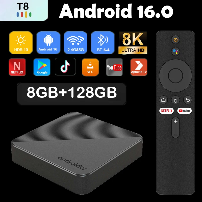 Smart TV Box Android16 2026 T8 RK3518 Wifi6 Google Assistant 8K Video BT6.0 Netflix 8GB 128GB Media Player Very Fast Set Top Box