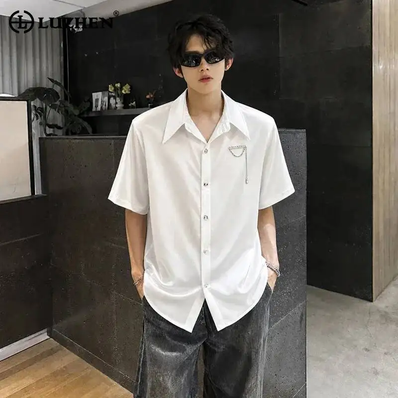 LUZHEN 2026 Summer Korean Style Metal Chain Decorate Stylish Short Sleeve Shirts Men's Loose Shoulder Pad Casual Clothes JY7655