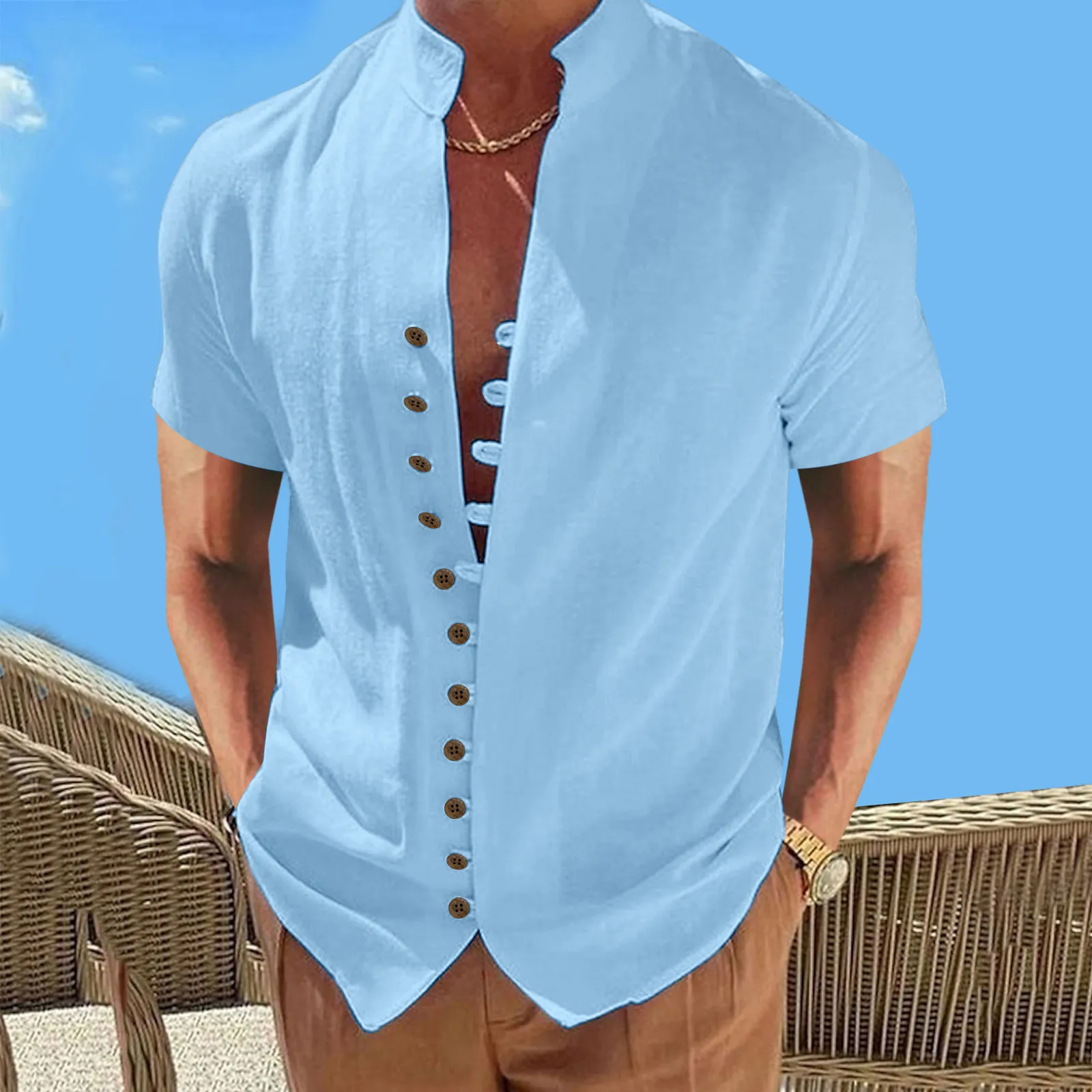 

Men Summer 100% Cotton Linen Men'S Long Sleeved Shirts Solid Color Stand Collar Casual T-Shirt Plus Size Men'S Clothing Tops