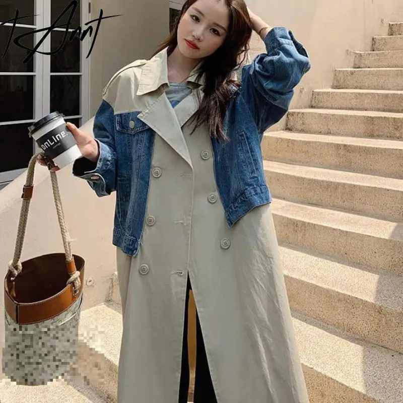 

Tannt Women Trench Coat Denim Patchwork Irregular Long Overcoat Women Double Breasted Color Matching Long Windbreaker 2023