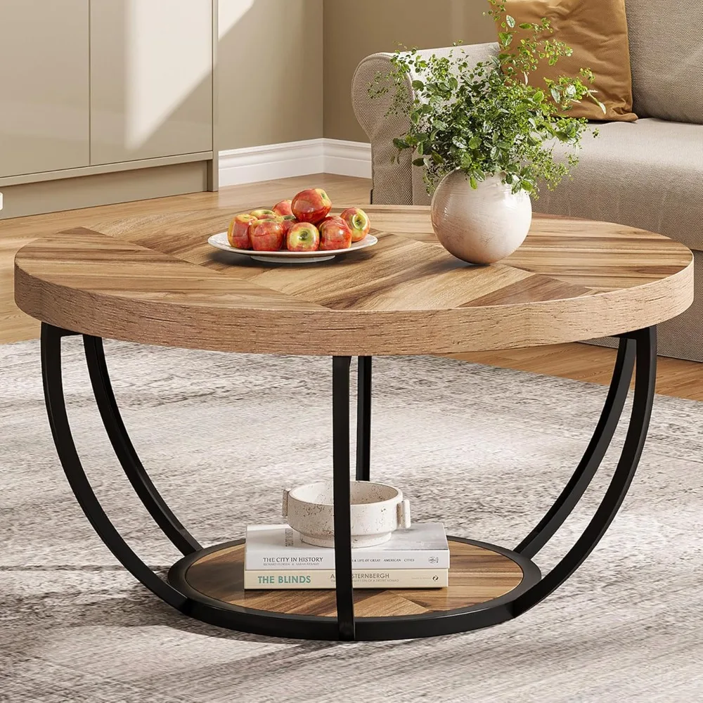 

31.7" Round Industrial Coffee Table with 2-Tier Storage Shelves, Modern Wood & Black Metal Accent Center Table for Living Room,