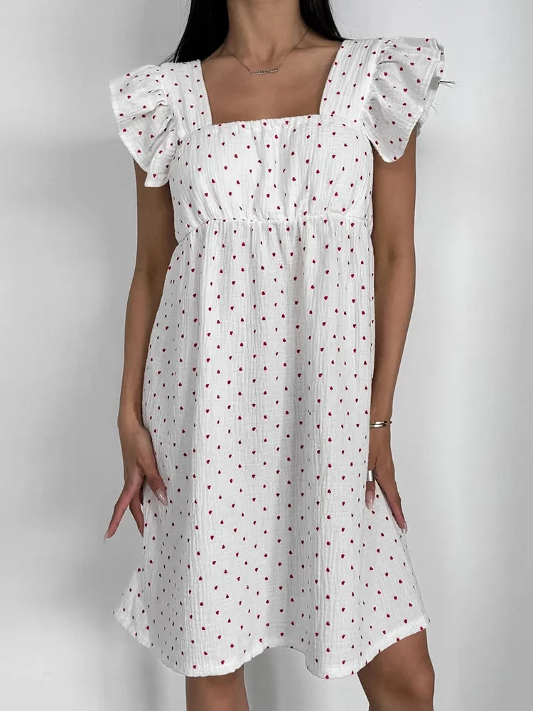 HiLoc Summer Print Cotton Night Dress Women Casual White Square Collar A-Line Pajamas Dresses Elegant Short Sleeve Nightwears