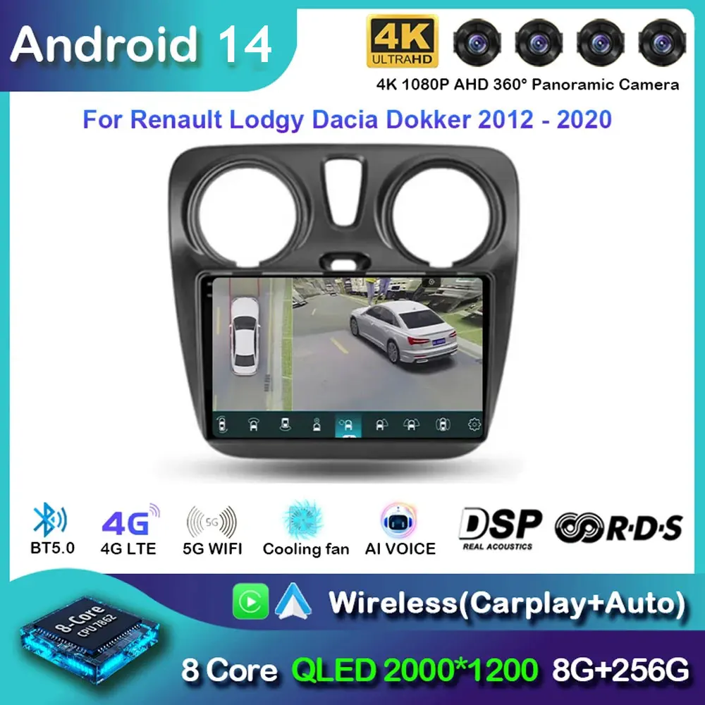 Android 14 Carplay Car Radio For Renault Lodgy Dacia Dokker 2012 - 2020 Navigation GPS Multimedia Player stereo wifi+4G Auto BT