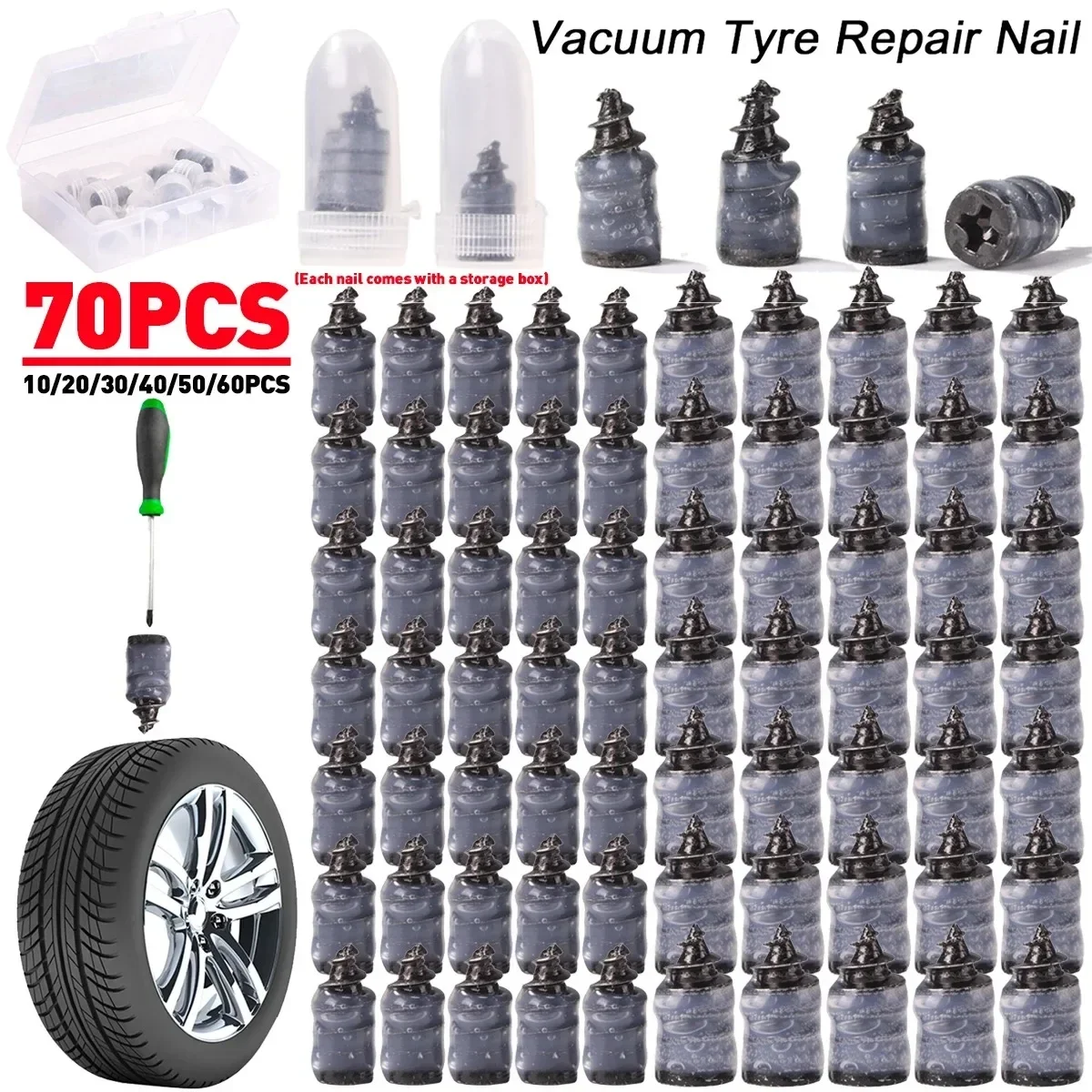 

70-10PCS Universal Vacuum Tyre Repair Set For Car Motorcycle Scooter Rubber Tubeless Tire Repair Kit Glue Free Repair Tire Nails