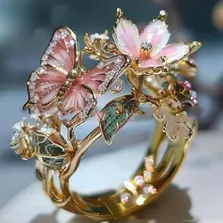 French Luxury Style Silver Color Invisible Inlaid Imitation Pink Jade Butterfly White Jade Lily Flower Ring UNISEX High End Ring