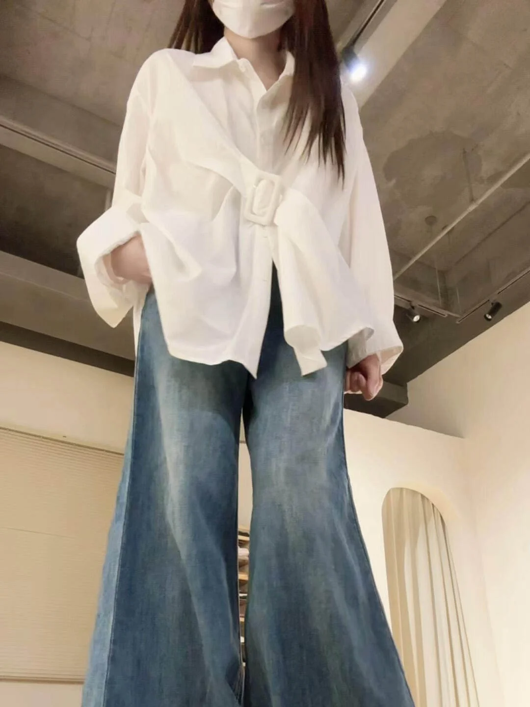 

White Asymmetrical Design Long Sleeve Shirt Women's Commute Flip Collar Top Waist Cinching Spring Summer Cotton Blend