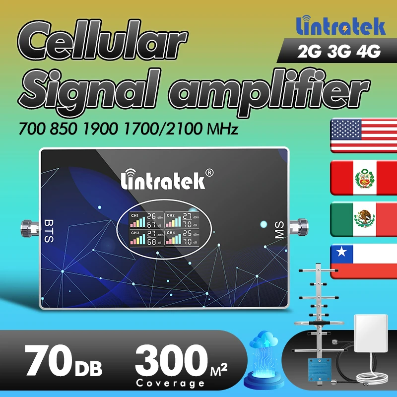 

Lintratek Повторитель сигнала сотового телефона 4-диапазонный 700 850 1900 1700 МГц B28 B5 B2 B4 Антенна 10 дБи с кабелем 10 м AGC 3G 4G 5G