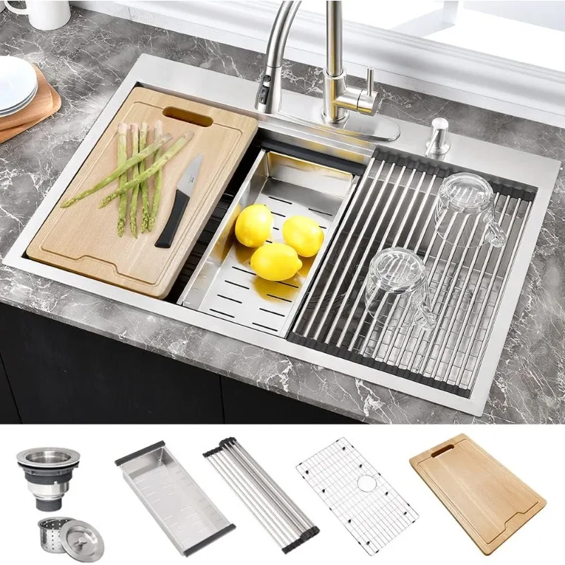 Drop in Kitchen Sink Workstation Double Ledges Workstation Sink Stainless Steel Single Bowl Deep Kitchen Sink with Cutting Board