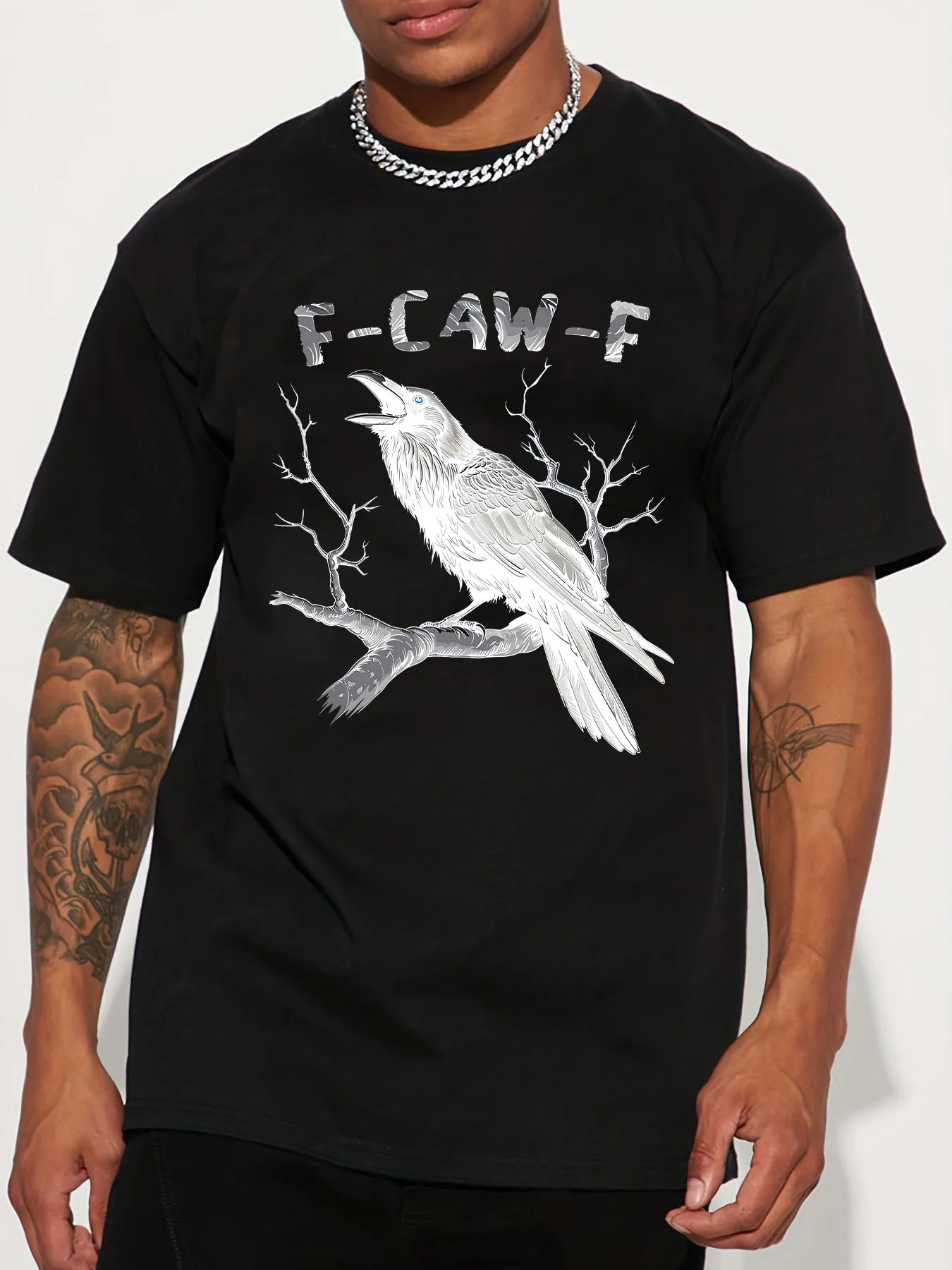 

Men's black pattern unisex cotton T-shirt with crow print casual street style short sleeve crew neck