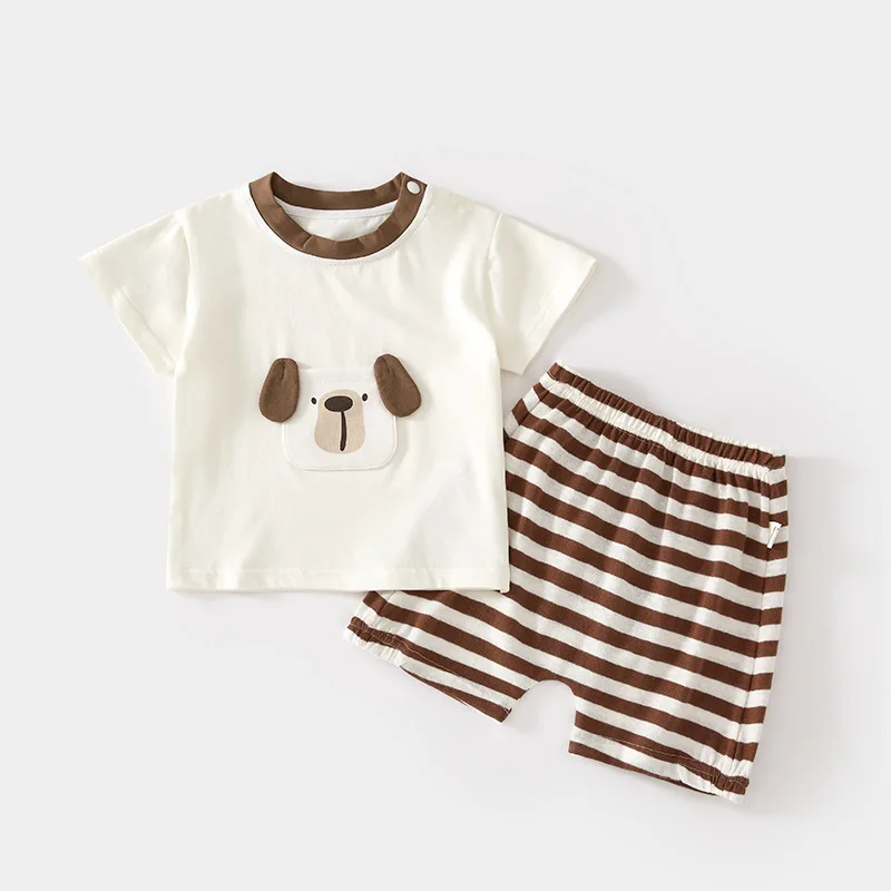 Baby Short-Sleeved T-shirt Suit Home Wear Thin Ice Skin Cotton Summer Children's Shoulder Open Shorts Loose Baby Outerwear
