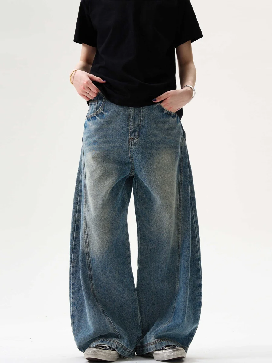 Calças Jeans Retrô Americanas com Design Plissado e Efeito Lavado, Unissex, Soltas, Casuais, de Perna Larga, Estilo Workwear,...