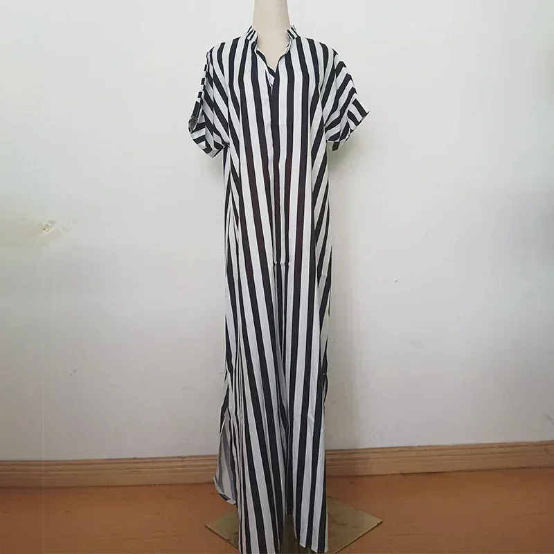 Women Striped Printed V Neck Long Dress Summer Short Sleeve Side Split Shirt Dresses Casual Oversized Maxi Dress Robe De Plage