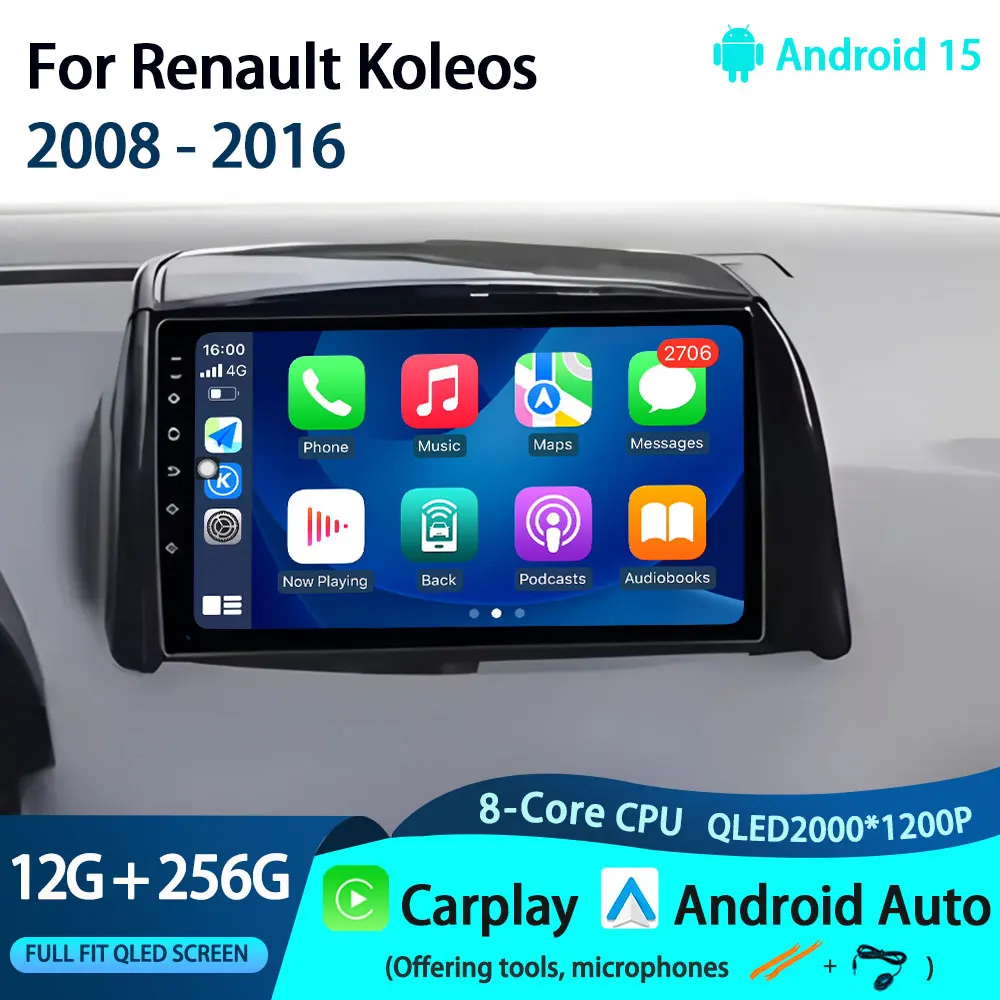 

For Renault Koleos 2008 - 2016 Wireless Carplay Android Auto Multimedia Stereo Car Radio Video Player Navigation GPS BT NO 2din