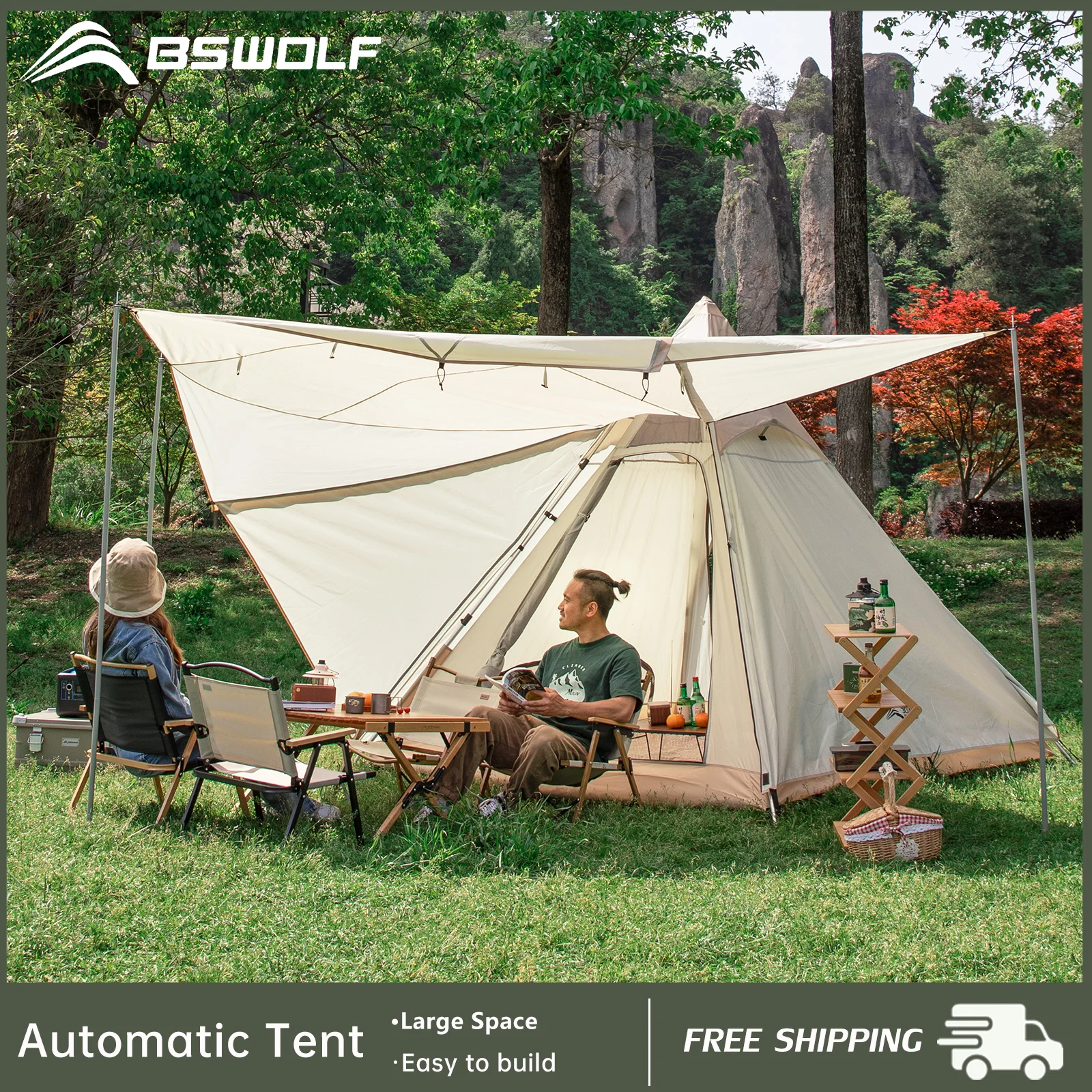 BSWolf Automatisches Campingzelt für 3–4 Personen, tragbar, große Halle, sofortiger Aufbau,