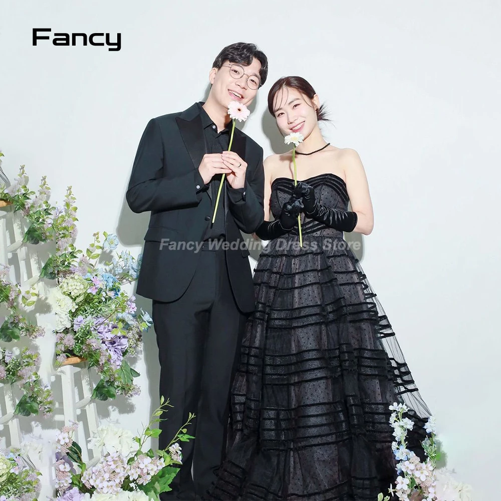 

Fancy Design Black Strapless Korea Wedding Party Dress Photoshoot Strapless A Line Bridal Gown Soft Tulle Bridal Dresses