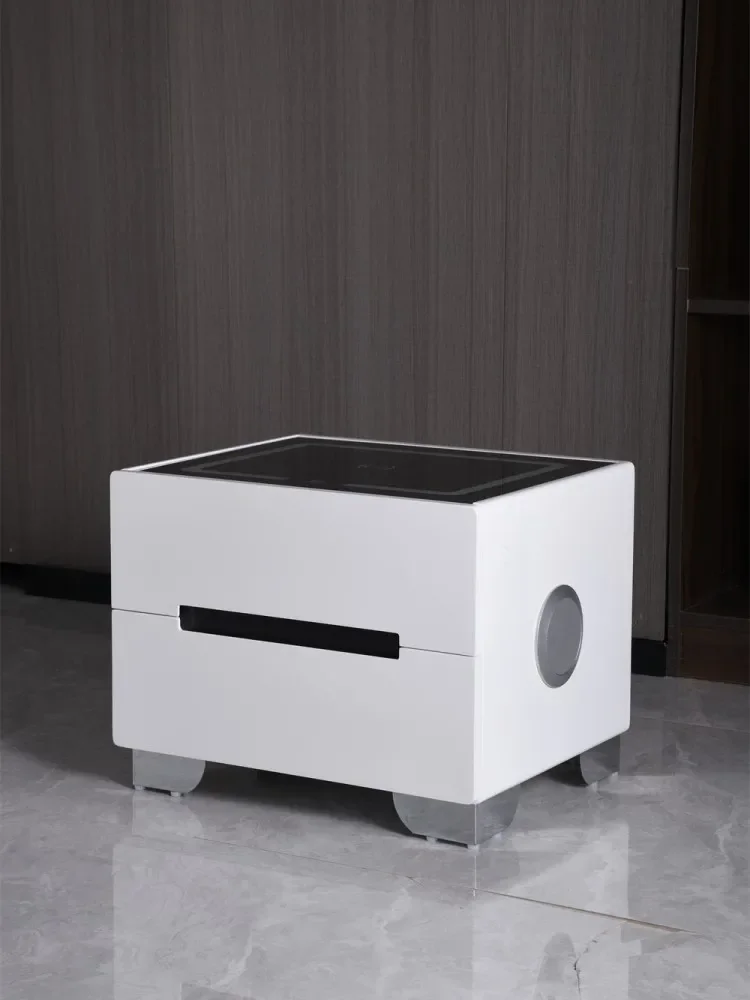 Smart Wooden Bedside Table with LED Light Modern Bedroom 2 Drawers Nightstand with Wireless Charging Creative End Table