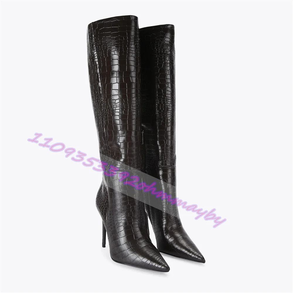 Women Croc Embossed Faux Leather Knee High Boots Pointed Toe Side Zipper Stiletto Slim Fit Tall Heel Boots Fashion Footwear